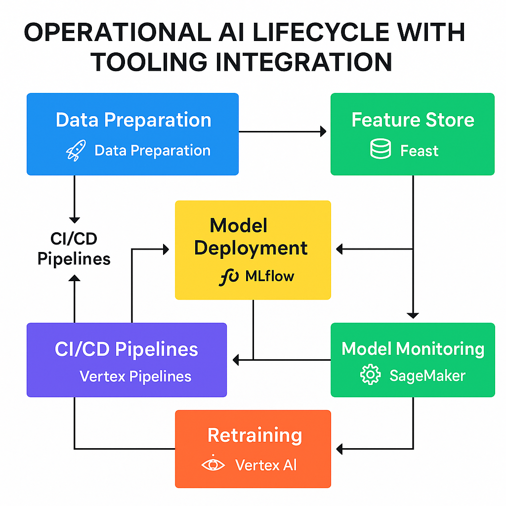 AI lifecycle diagram showing tools like MLflow, Vertex Pipelines, Amazon SageMaker, Feast, and Vertex AI mapped to stages from data preparation to retraining.